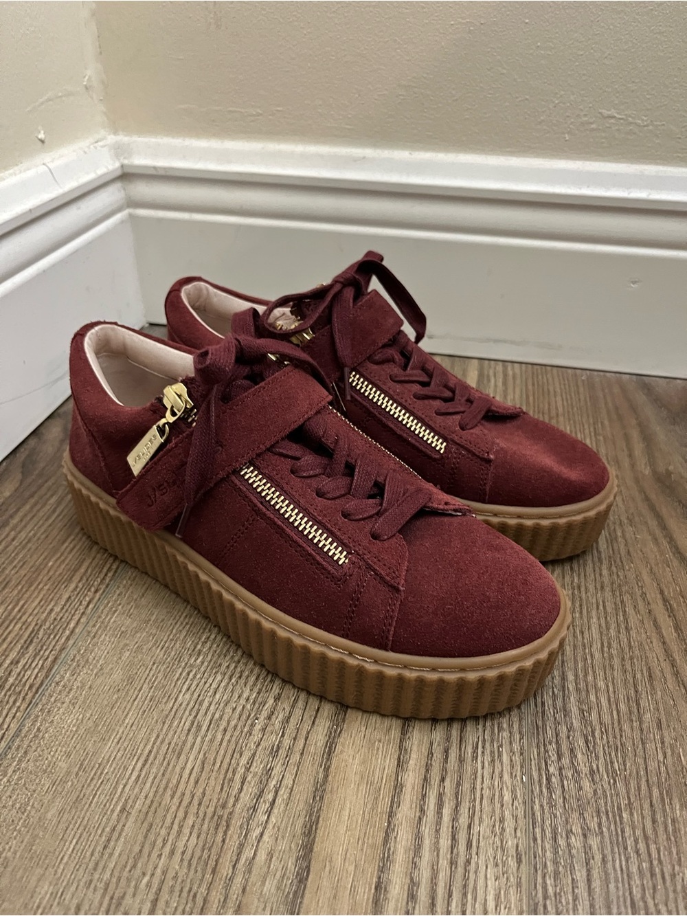 J Slides Burgundy Suede Platform Sneakers with Gold Zippers 6